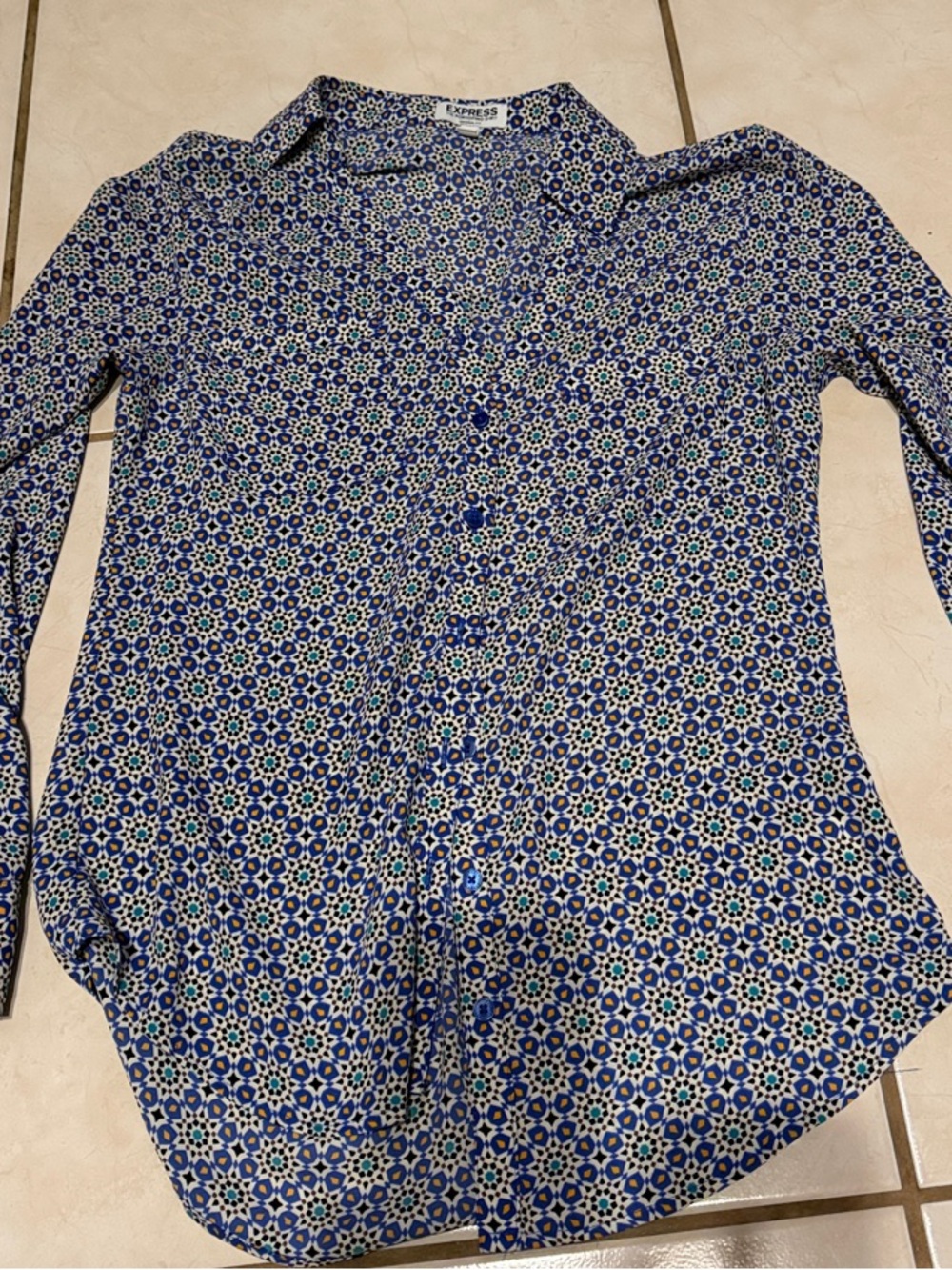 Express Blue Floral Geometric Button-Down Shirt